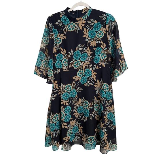 Women's L Cottagecore Floral High Neck Bell Sheer Sleeve Lined Dress Modest Boho - Picture 1 of 11